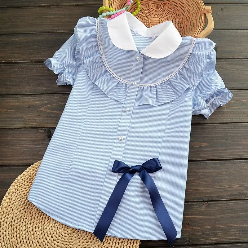 Блузка в полоску для девочек Повседневный хлопковый топ стиле преппи школьная