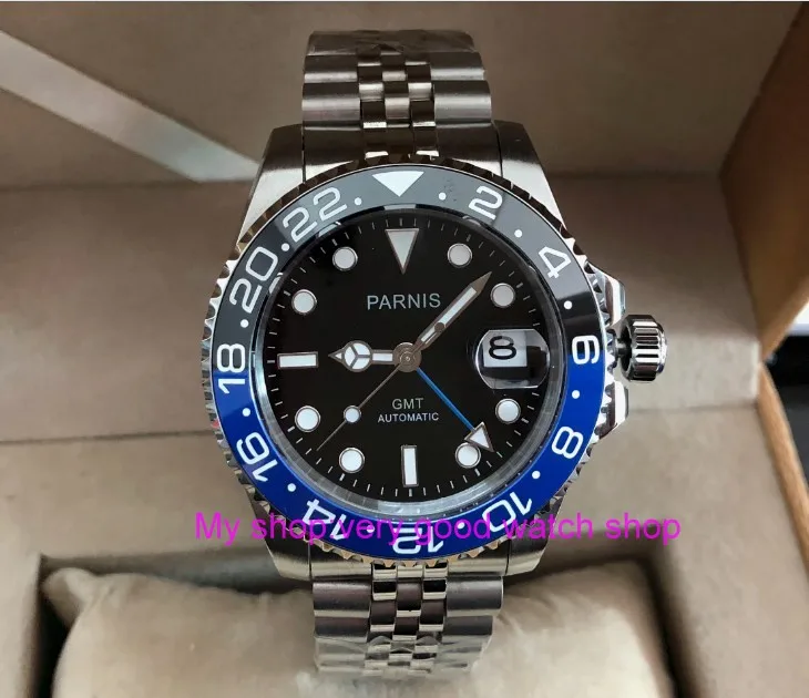 

40mm PARNIS Sapphire Crystal GMT Automatic machinery movement luminous men's watches Blue & black ceramic bezel pa62-p8