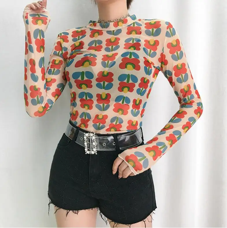 

Summer Transparent Mesh Floral Print Long Sleeve T Shirt Women