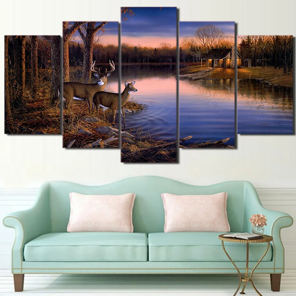 Modern Home Decor HD Prints Pictures Wall Frame 5 Piece Deer Lake Sunset Nature Landscape Canvas Painting For Living Room PENGDA | Дом и сад