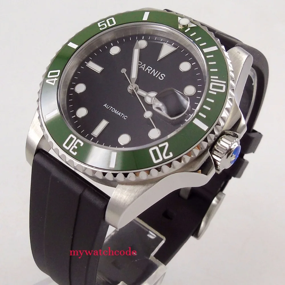 

40mm PARNIS black dial Miyota automatic mens watch rubber strap ceramic bezel