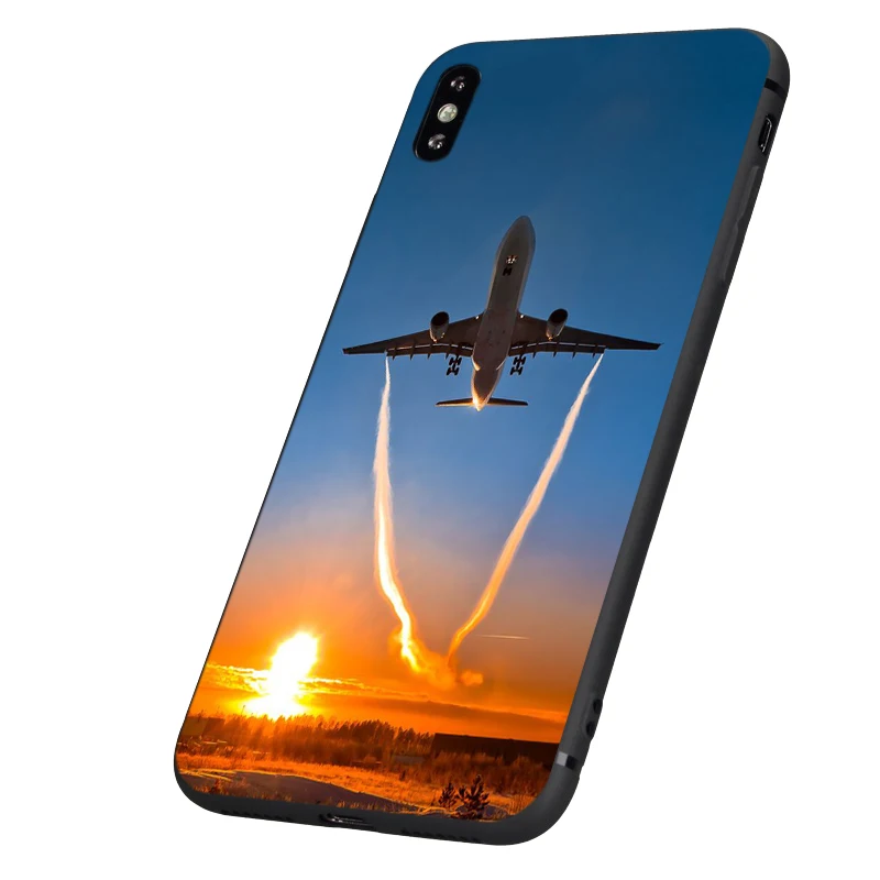 Черный ТПУ чехол для iphone 5 6 6s 7 8 plus x 10 XR XS 11 pro MAX летающий самолет на закате |