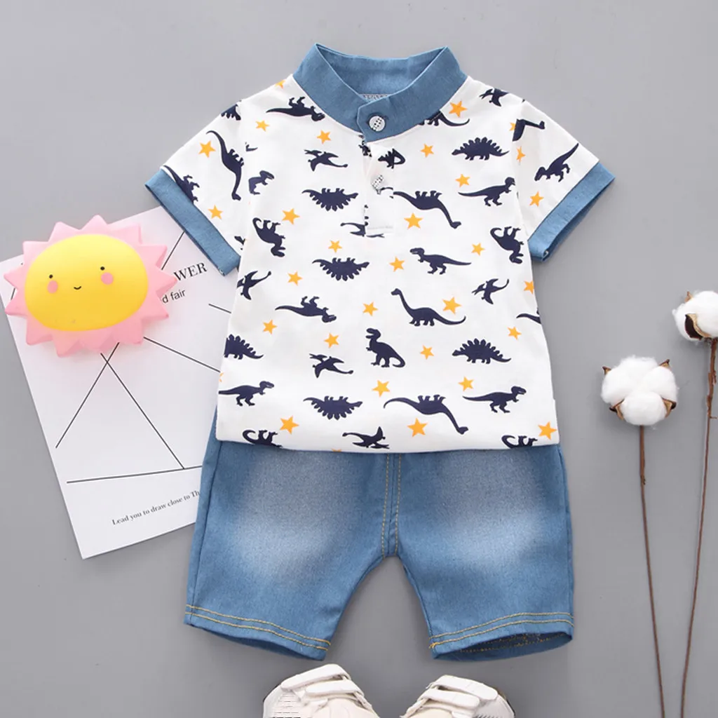Комплект одежды TELOTUNY для мальчиков 1-4 лет футболка с динозавром + джинсовые шорты