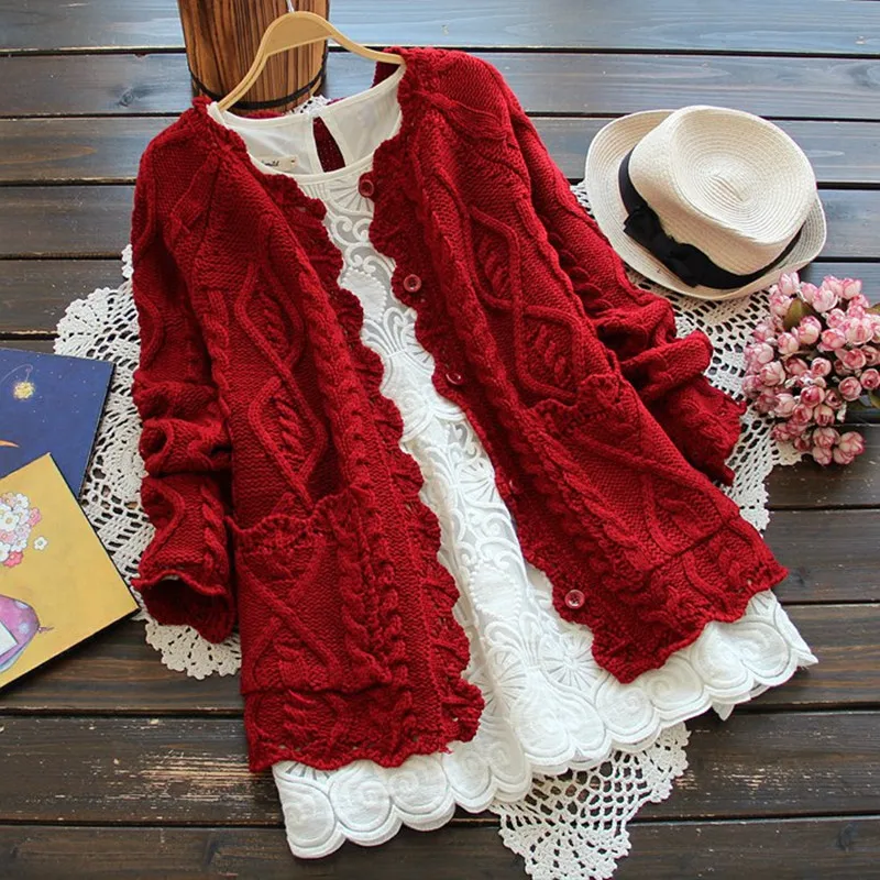 2023 Spring Autumn Mori Girl Style Women Cardigan Solid Twist Howllow Out Crochet Cotton Knitted Sweater Fashion Girl's Coat
