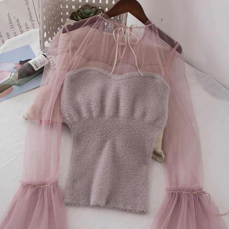 Дамы топы корректирующие 2019 Весна Корейская модная одежда blusas femininas elegante сетки с
