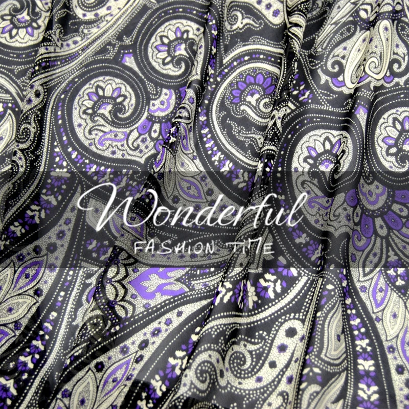 

Silk Georgette Chiffon Fabric Dress Black paisley 100% dress shirt spring summer Baotou (1 meter)