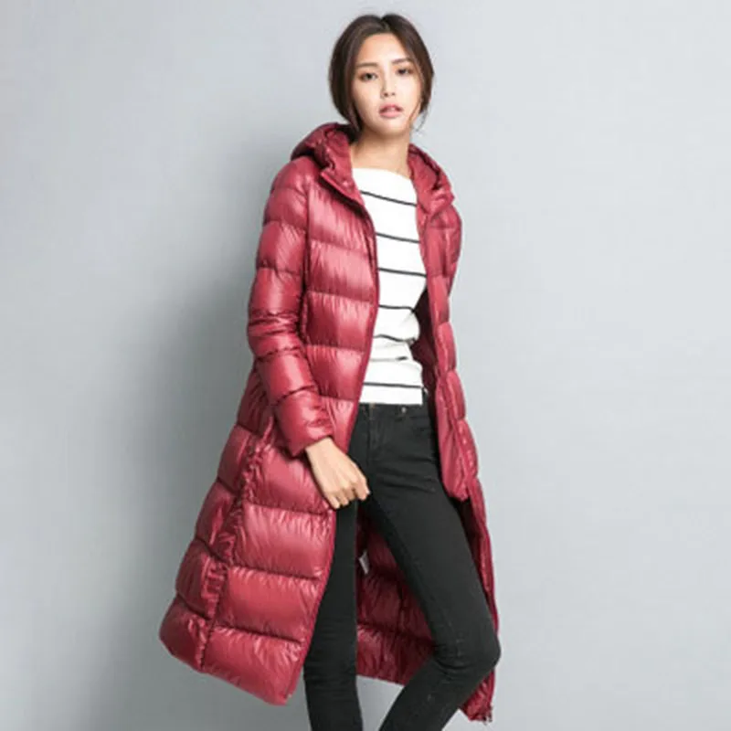 Женское пальто с капюшоном парка на белом утином пуху длинное теплое для зимы 2017