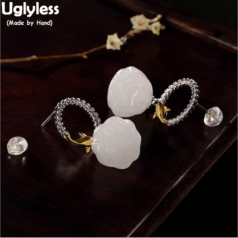 

Uglyless 100% Real 925 Sterling Silver Dolphin Earrings for Women Natural Jade Lotus Earrings Handmade Fine Jewelry Fish Brincos