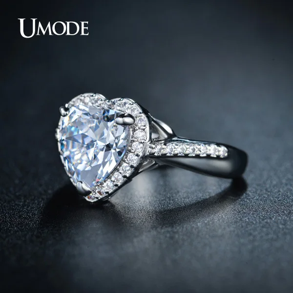 Umode классический гало обручальные кольца 4ct в форме сердца центр камень CZ для женщин белый позолоченный бижутерии UR0223