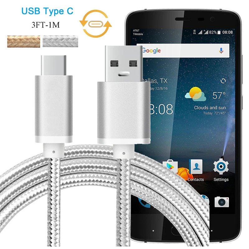Алюминиевый нейлон USB Type C кабель зарядного устройства для ZTE Blade Max 3 Z986U Zmax Pro Z981 1