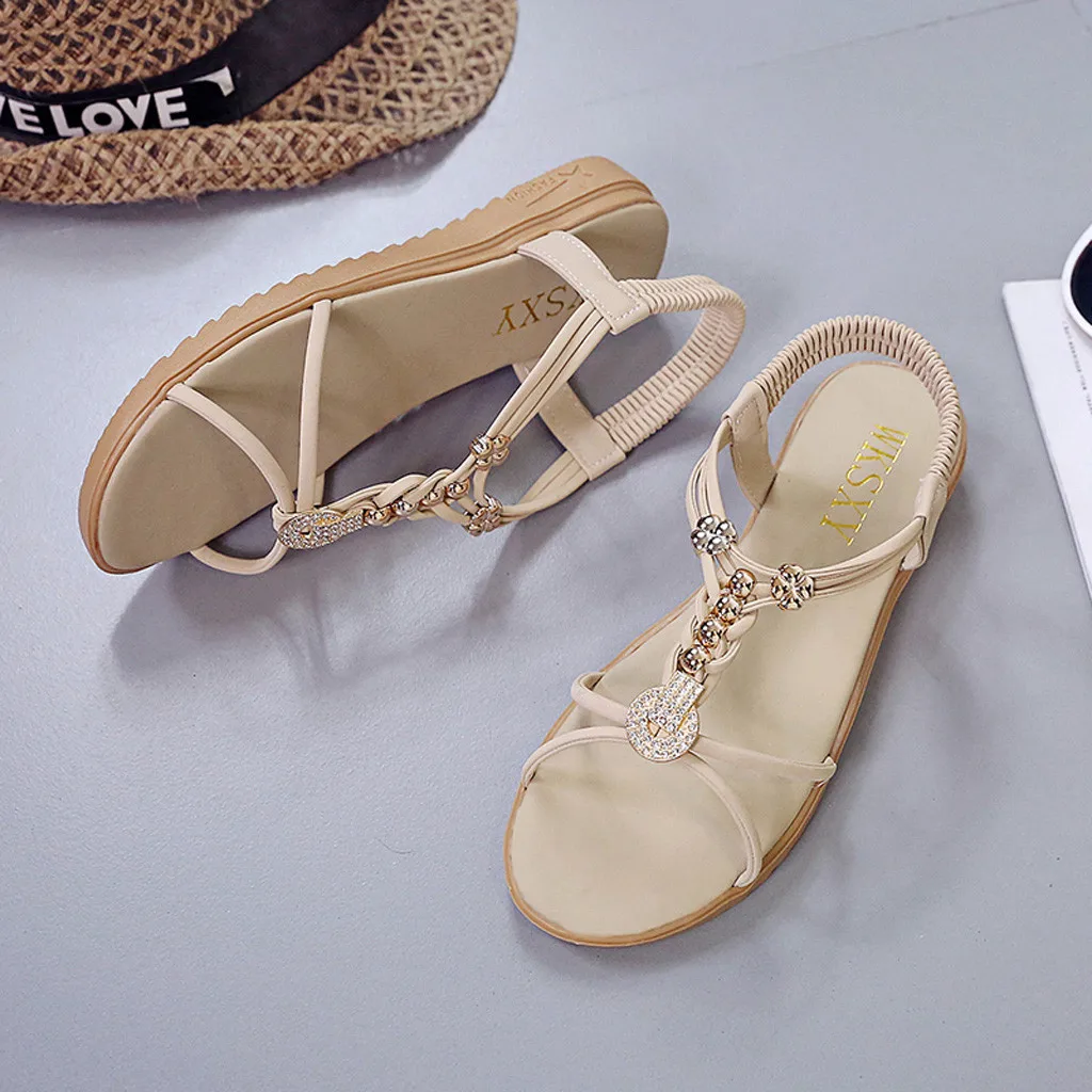 Для женщин богемный Сандалии украшенные бисером на плоской с открытым носком