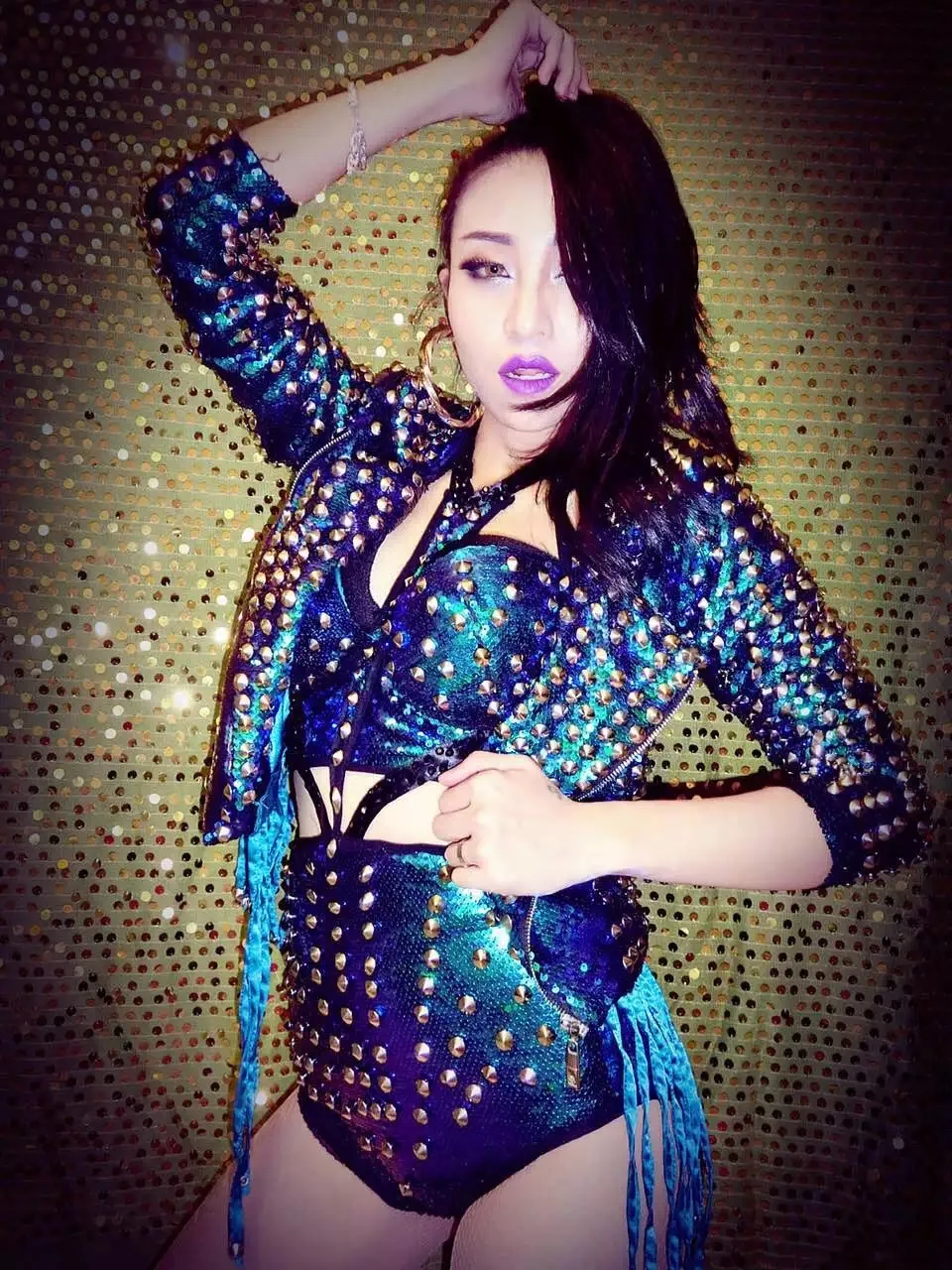 Green Rivets Tassel Punk Jakcet Female Singer Costume Coat Bra High Waist Shorts Stage Performance Nightclub Party Outfit Set |