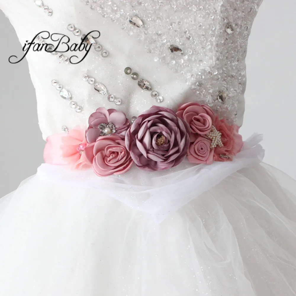 Vintage pink Beach Flower Sash for Bridal wedding with rhinestone flower headband Maternity female flower belt Sash belt