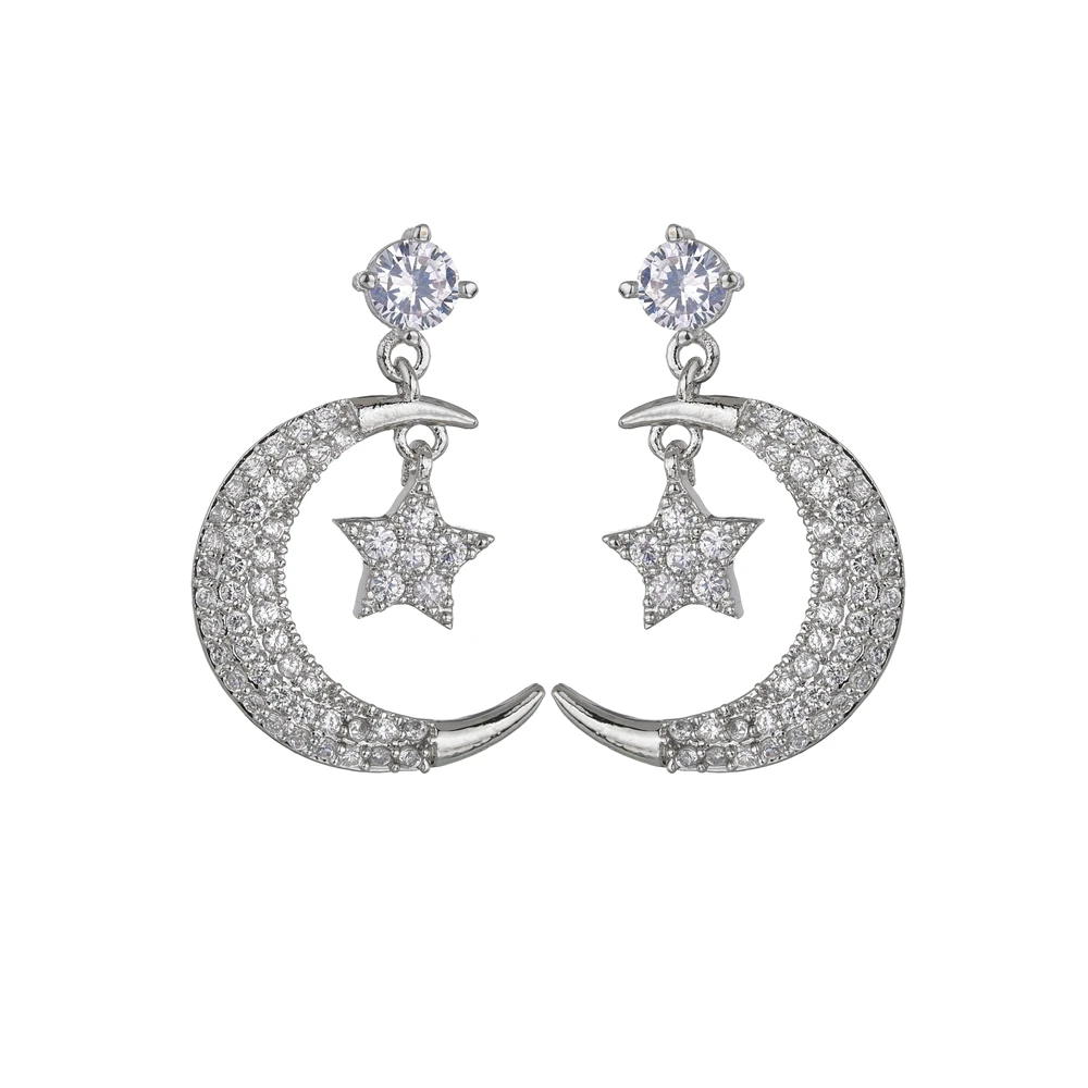 silver color Корейский серебряный цвет Луна звездопад серьги для женщин Классический CZ кубический циркон серьги в форме Луны для женщин Свадебные ювелирные изделия - Окраска металла: silver color