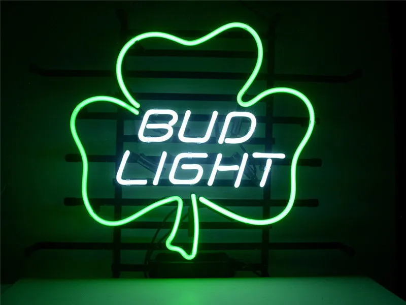 

NEON SIGN For BUD LIGHT LUCKY SHAMROCK SIGN Signboard REAL GLASS BEER BAR PUB display christmas Light Signs 17*14"