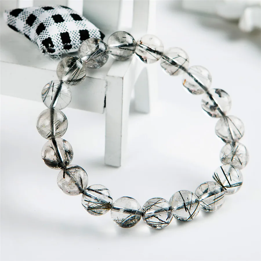 Genuine Black Natural Rutilated Quartz Bracelets 10mm Stretch Clear Crystal Gemstone Round Bead Bracelet | Украшения и аксессуары