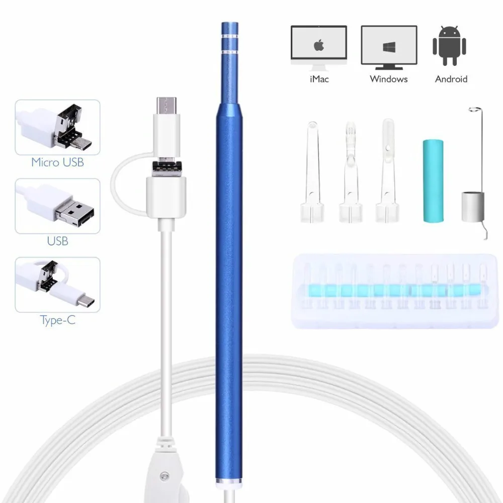 Эндоскоп для чистки ушей 3 в 1 USB HD визуальная ложка 5 мм мини камера эндоскоп Android