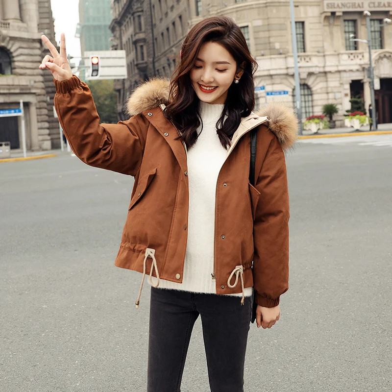 Женская куртка с капюшоном KMETRAM короткая парка воротником из искусственного меха