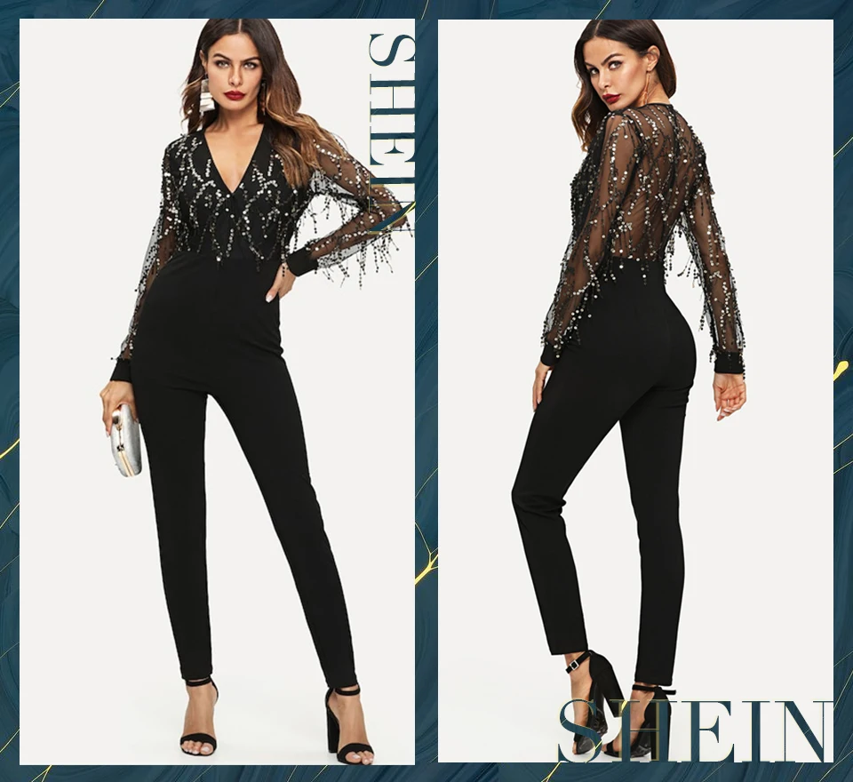 SHEIN Нарядный Комбинезон С V-Образным Вырезом И Длинным Рукавом Вечерний Комбинезон С Отделкой