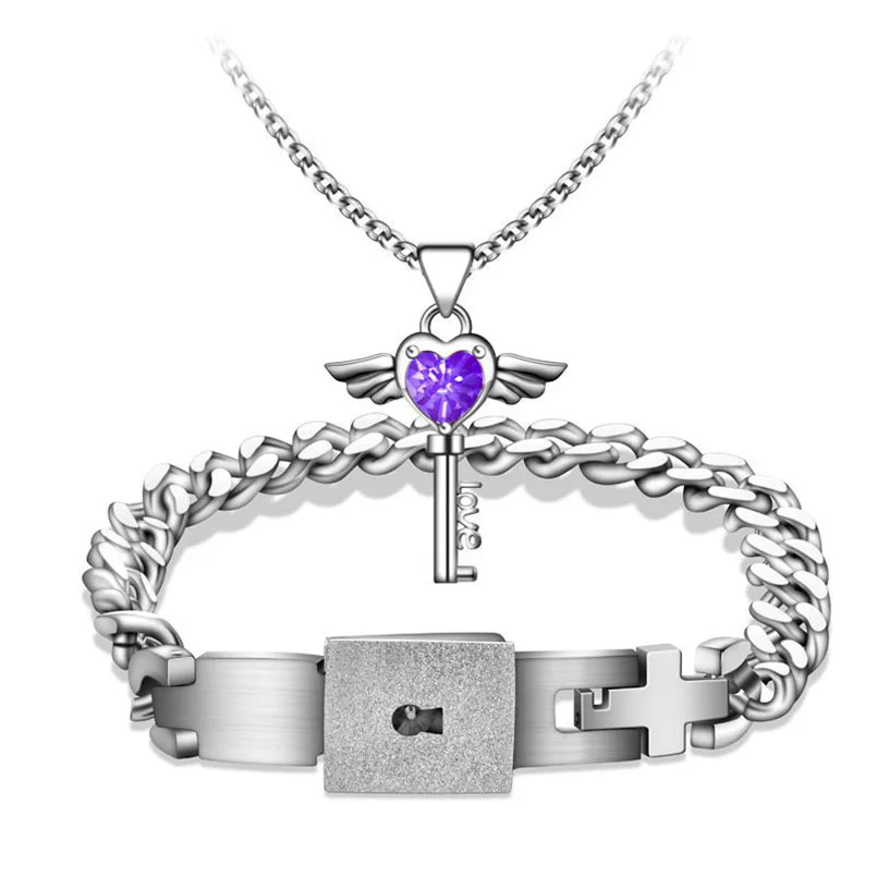 2PCS Fashion A Couple Jewelry Sets For Lovers Titanium Steel Love Heart Lock Bracelets Bangles Key Pendant Necklace Couples Set | Украшения