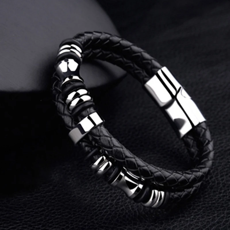 Mozo Fashion хит Фирменное ювелирное изделие Для Мужчин's Браслеты черный кожаный шнурок браслет-цепочка Нержавеющая сталь магнитные браслеты с пряжкой PS911