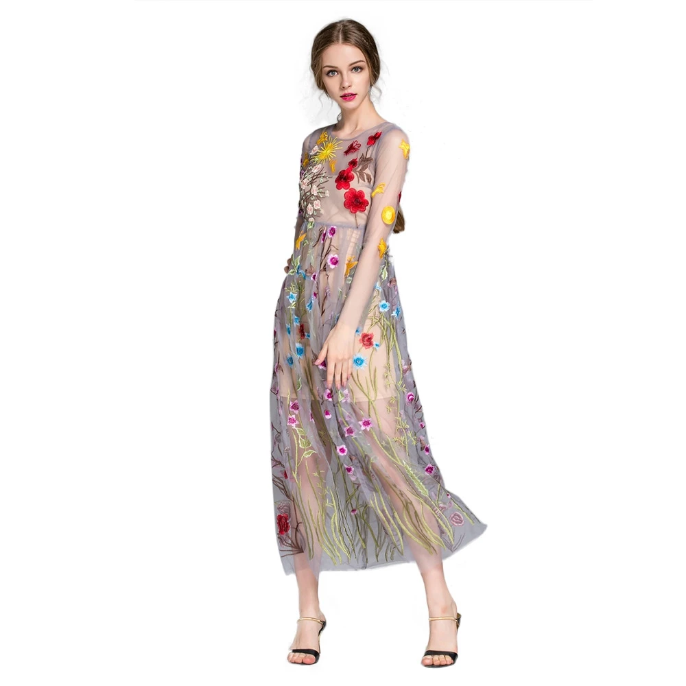 Цветочная вышивка женское летнее платье коктейльное с длинным рукавом на