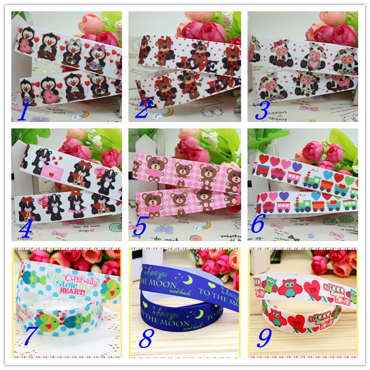 

7/8'' Free shipping valentine moon animal printed grosgrain ribbon hairbow headwear party decoration diy wholesale OEM 22mm D345
