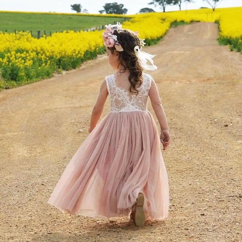 Summer Kids Dresses For Girls Lace Flower Backless V Back Tulle Dress Baby Girl Party Princess Wedding Children | Детская одежда и