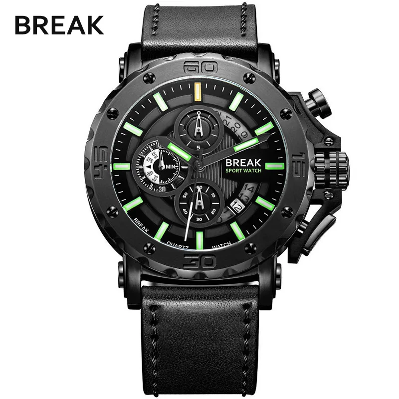 Лучший бренд lucixy Break мужские спортивные часы хронограф кожа кварцевые военные часы мужские водонепроницаемые наручные часы Relogio Masculino - Цвет: Black