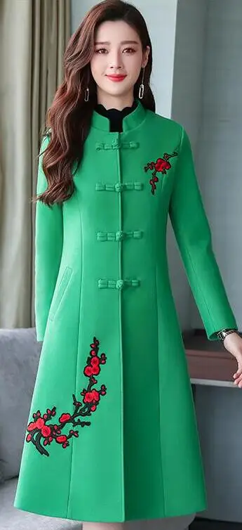 Зеленый Зима qipao стиль костюм в народном стиле улучшенная Cheongsam Традиционный китайский костюмы Hanfu длинные Ретро Вышивка Топы корректирующие - Цвет: Зеленый