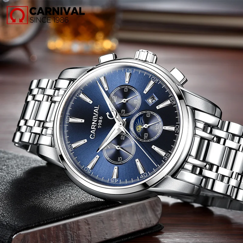 Часы Carnival Moon Phase Мужские механические автоматические светящиеся