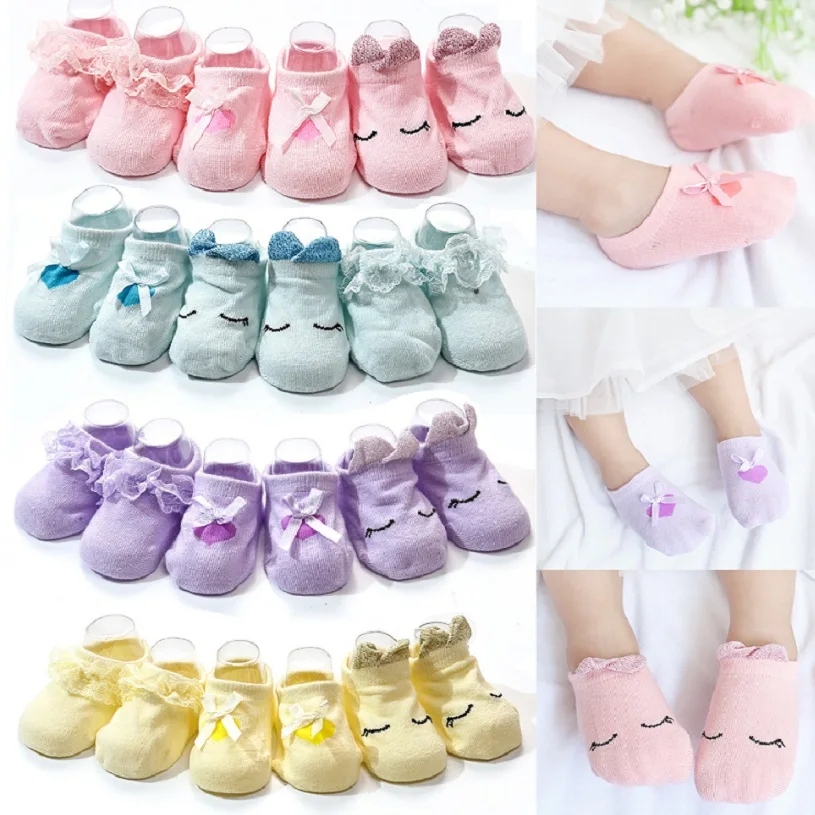 AiKway-Calcetines de algod&oacute;n para beb&eacute; y ni&ntilde;a, medias de encaje con lazo de dibujos animados, antideslizantes, 3 par/lote-0