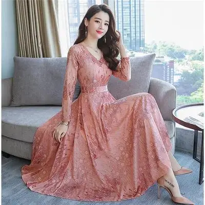 pink Модное женское плиссированное платье с вышивкой и принтом, уличная одежда, Новые осенне-зимние платья с длинным рукавом и женское повседневное длинное платье - Цвет: pink