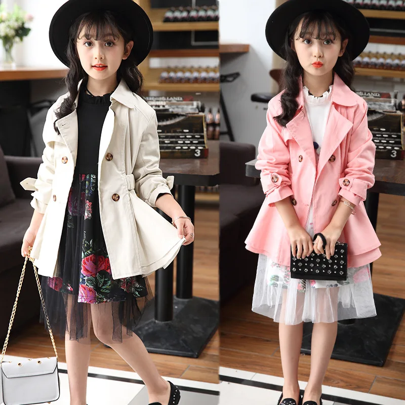 

Children Clothing 2018 The New Spring and Autumn Girls Dress Version of Coat Windbreake New Fashion Long Style Pure Color 5-14Y