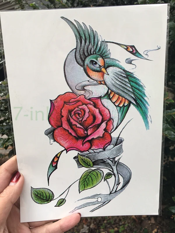 

New Waterproof Temporary Tattoo Sticker green bird red rose flower Water Transfer fake tattoo flash tattoo for man women