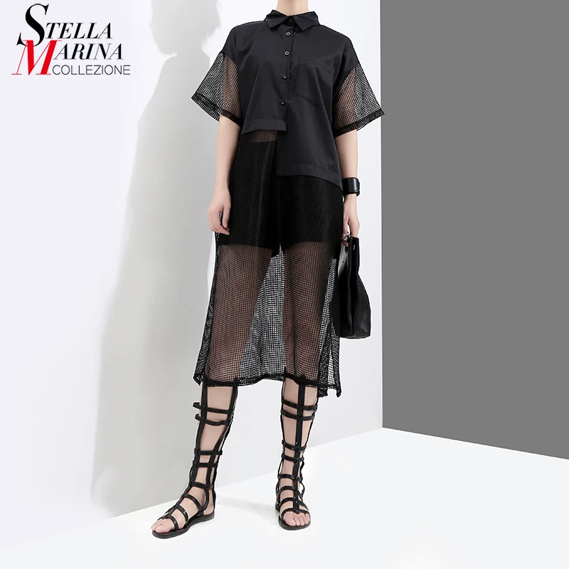 Новинка 2018 г. корейский стиль Летняя одежда женский черный из органзы