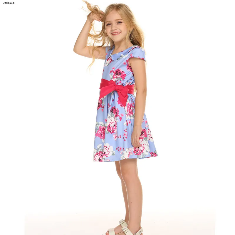 Children Flower Dresses For Girls Summer Kids Clothes Short Sleeve Belt Printed Princess Dress 3 4 5 6 7 8 Years | Детская одежда и