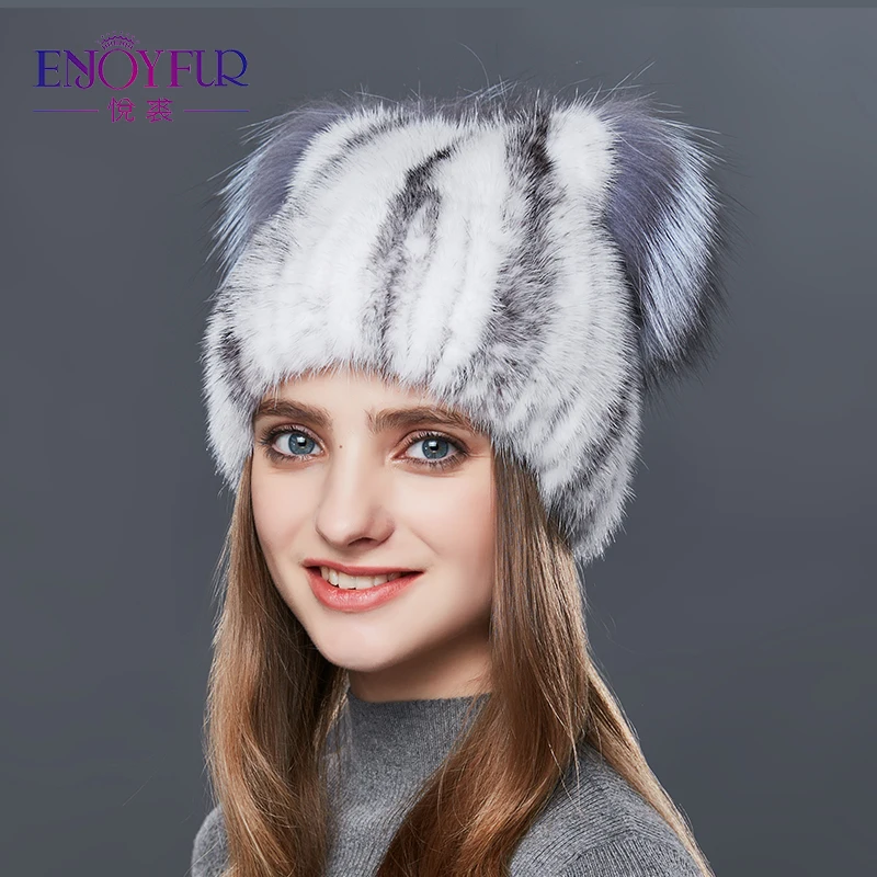 ENJOYFUR/Модная шапка из меха норки с кошачьими ушками женские меховые зимние шапки