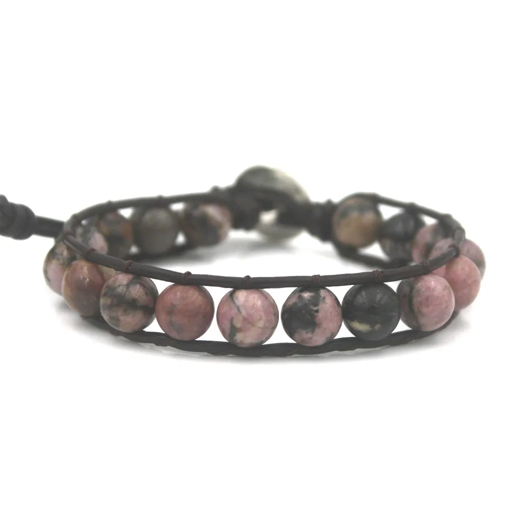 Женский модный браслет натуральный черный кружевной из родонита с бусинами