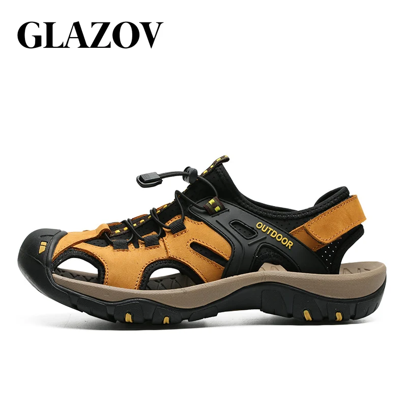 Yellow Brown Бренд GLAZOV Hnadmade; высококачественные мужские сандалии из натуральной кожи в английском стиле; мужские сандалии из коровьей кожи; пляжная обувь; - Цвет: Yellow Brown
