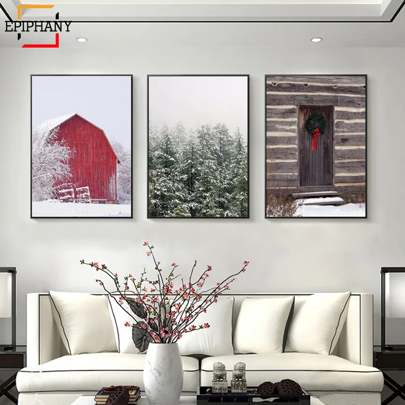 Современная Рождественская Настенная картина на зиму красная сосна искусство