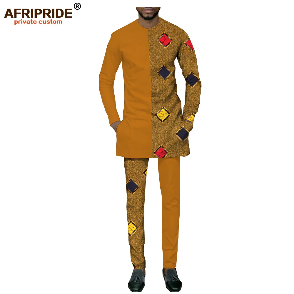 360j Африканский повседневный костюм для мужчин AFRIPRIDE частный заказной полный рукав o-образным вырезом топ+ брюки длиной до лодыжки Тонкий мужской осенний костюм A731604 - Цвет: 360j