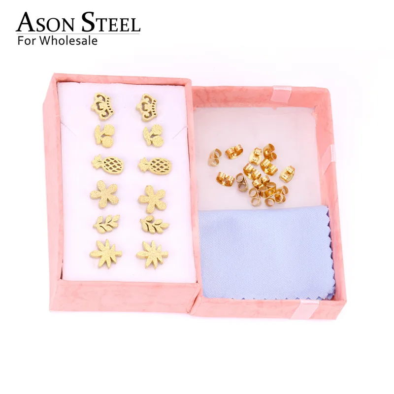 Набор серег ASONSTEEL золотые короны цветы скраб 6 пар/кор. из нержавеющей стали