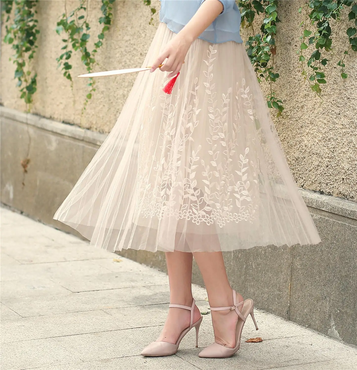 

Shanghai Story Spring Summer 2019 Women Long Chiffon Maxi Embroidery Skirt Midi Skirt High Waist 2 Color