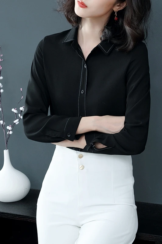 

spring 2019 new women long sleeve shirt black color OL womens tops and blouses chiffon blouse office lady women shirts 2060 50