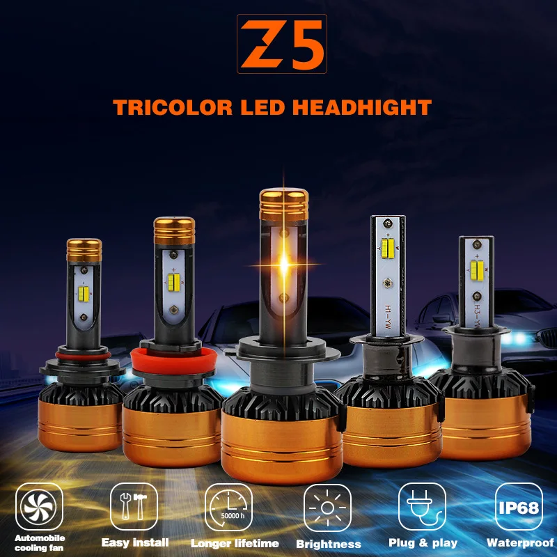 Z5 светодиодный Tri Цвет 3 цвета лампы H7 светодиодный H4 H1 H8 H9 H11 9005 9006 50 Вт 5800LM сальто чипов 3000 К 4300 К 6000 К горки светодиодный фары