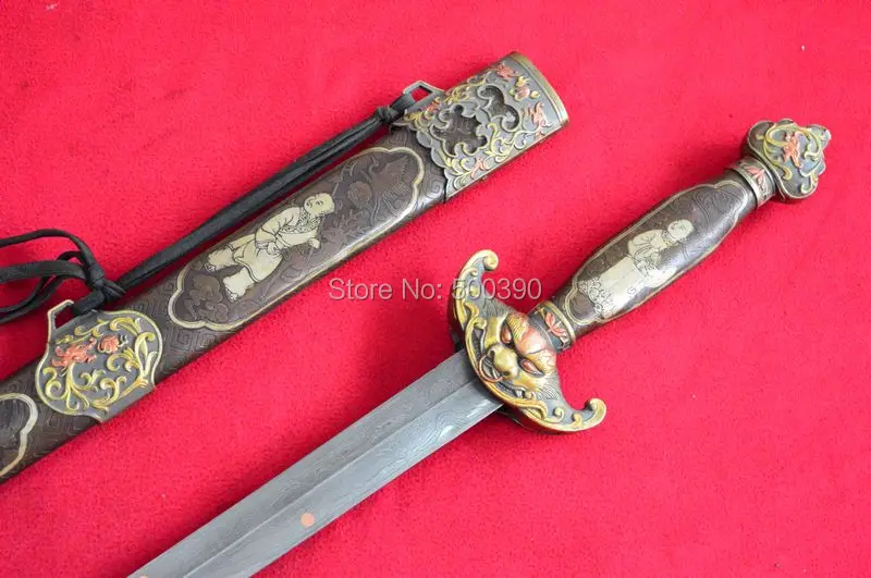 Винтажный Китайский Меч WUSHU катана заточенное лезвие из дамасской стали медный