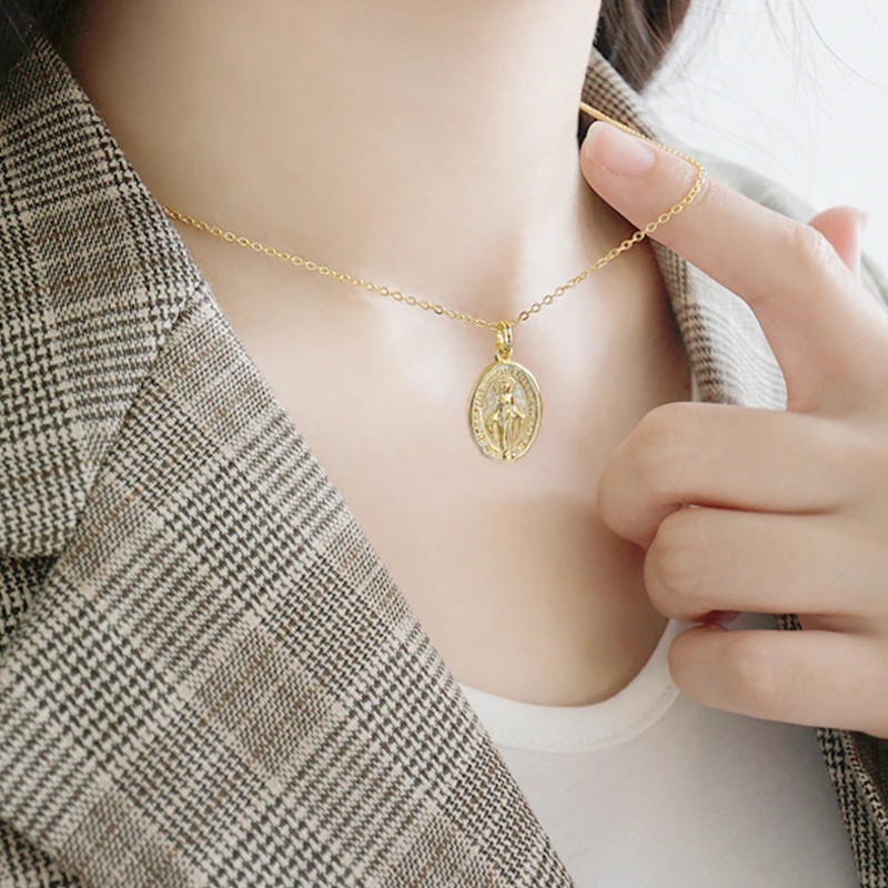 S925 серебро ретро золотая Дева Мэри ожерелье длиной до ключиц с подвесками