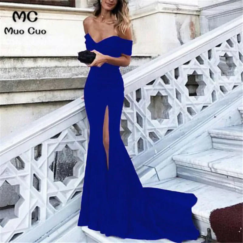 navy blue Новинка, черные вечерние платья с коротким рукавом, эластичный атлас, длина в пол, разрез спереди, вечерние платья - Цвет: navy blue