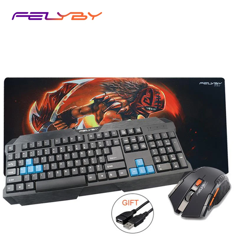 FELYBY USB Беспроводная клавиатура для ПК и набор коврик для мыши и беспроводная мышь+ USB удлинитель(подарок